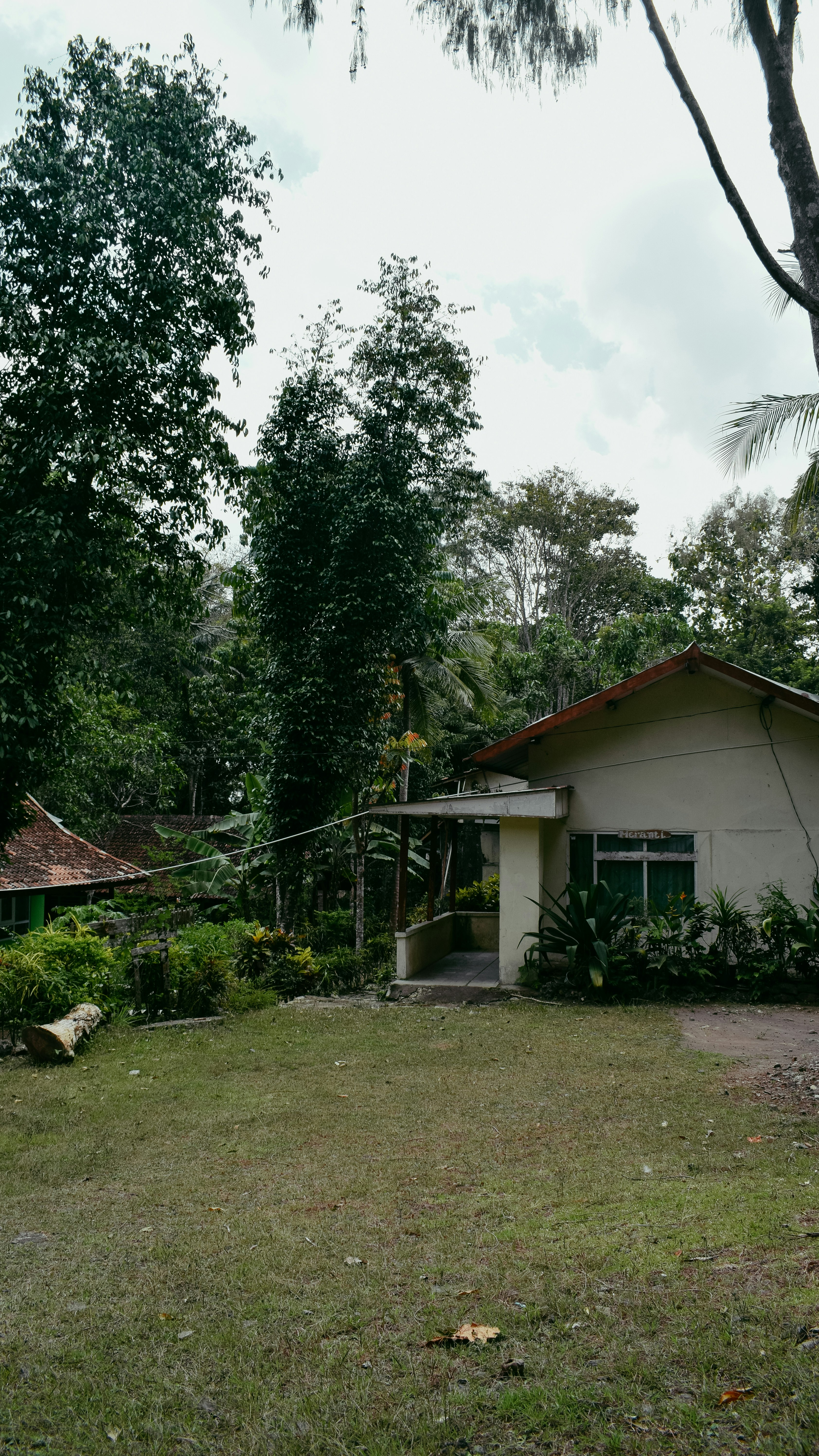 white and brown wooden house near green trees under white clouds during daytime